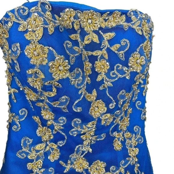 Royal Blue Gold Tulle‎ Strapless Ball Gown Princess Bling Regency Prom Size 2 - Picture 2 of 7